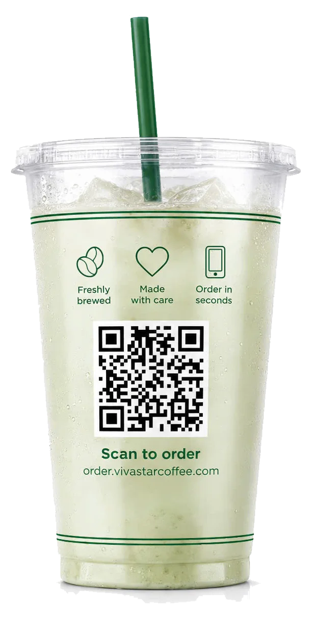 Ly Viva Star Coffee — mặt sau, quét QR để gọi món